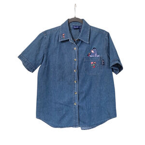 Vintage Winnie the Pooh Eeyore Blue Denim Embroidered Short Sleeve Shirt, Medium